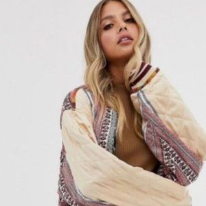 Free People Pandora Reversible Printed Quilted Oversized Silky Bomber Jacket